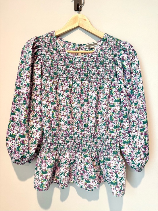 Pleione Tops - Women’s Smocked Floral Flowy Peplum Top in Purple Green White